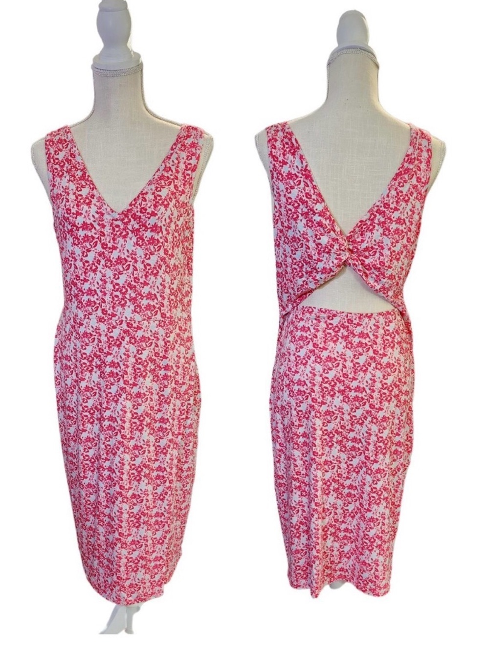 BCBG Pink & White Floral V-Neck Midi Dress Size XL 16/18